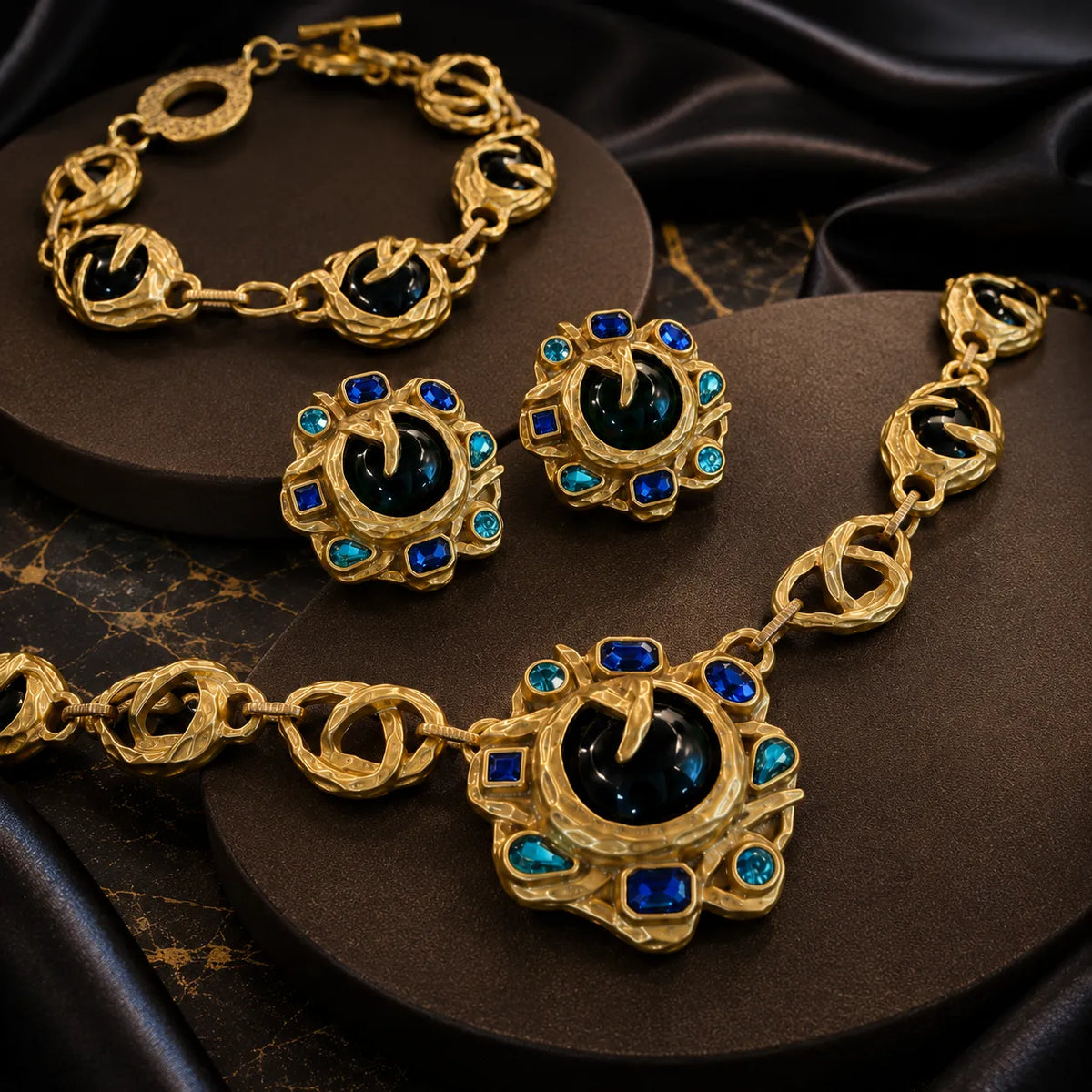 Parure Collier Boucles d'Oreilles Bracelet en Cristal de Luxe Noir et Bleu