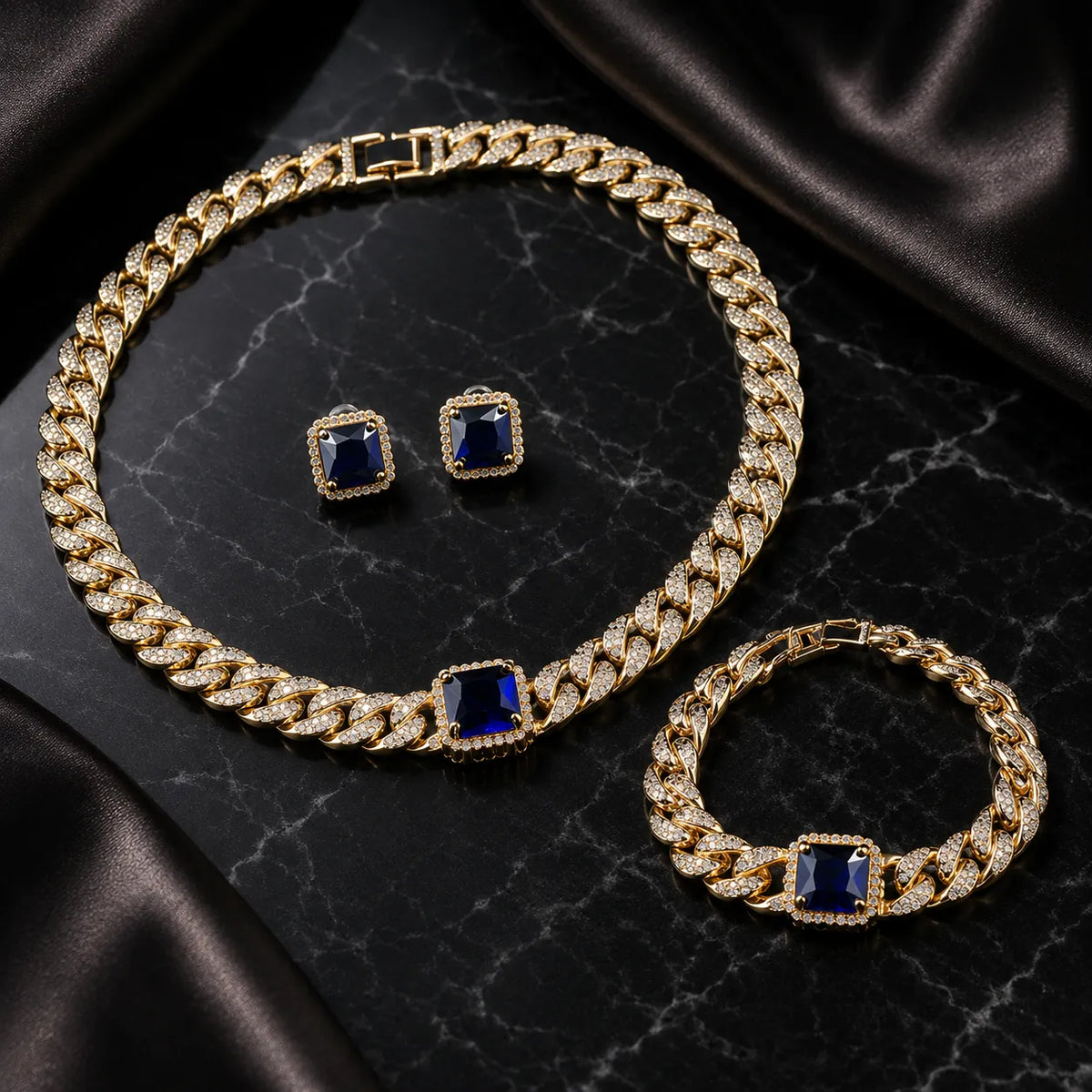 Parure de bijoux de luxe saphir bleu cristal collier boucles d'oreilles bracelet