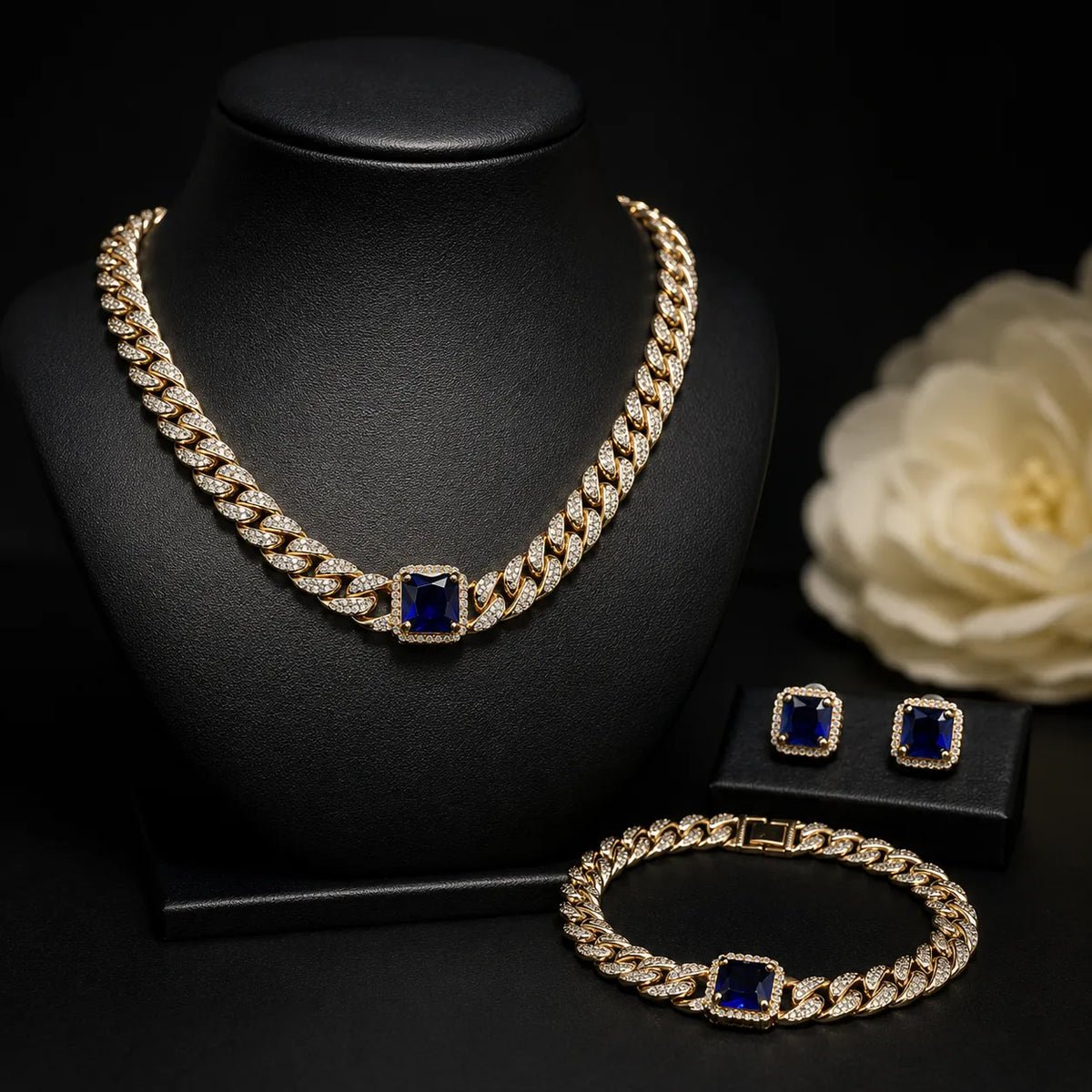 Parure de bijoux de luxe saphir bleu cristal collier boucles d'oreilles bracelet