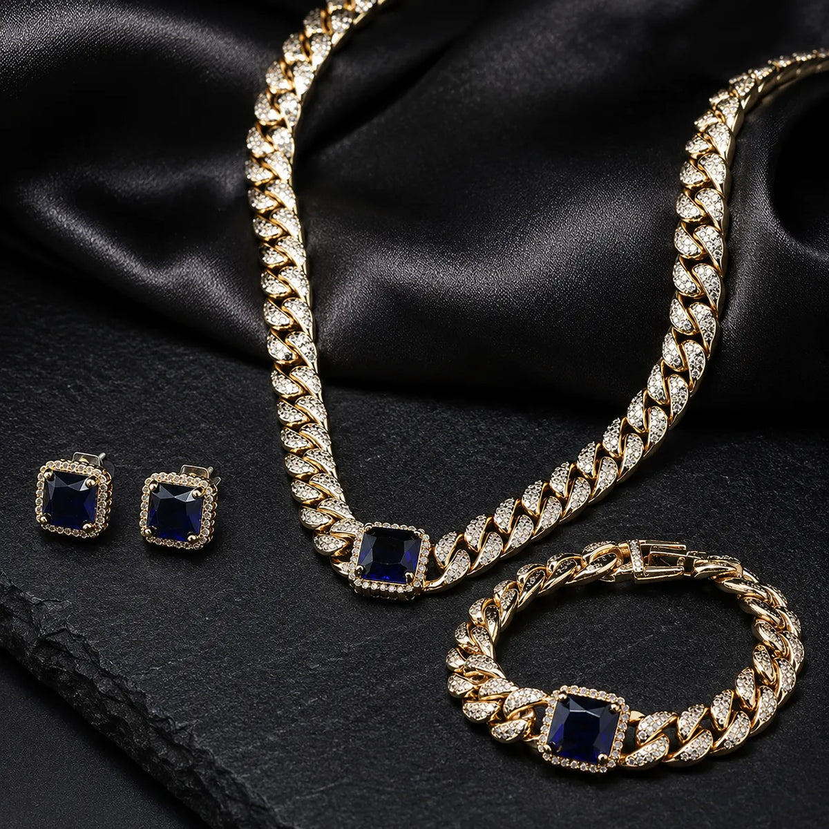 Parure de bijoux de luxe saphir bleu cristal collier boucles d'oreilles bracelet
