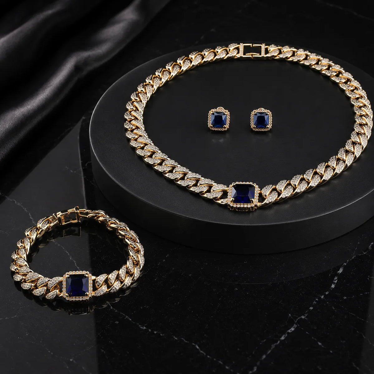 Parure de bijoux de luxe saphir bleu cristal collier boucles d'oreilles bracelet