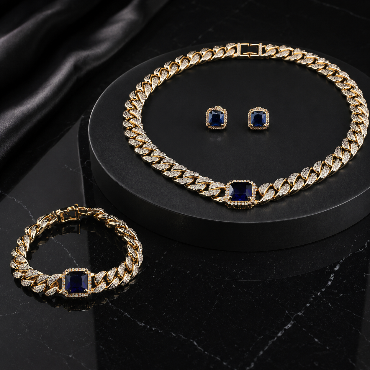 Luxury Sapphire Blue Crystal Necklace Earrings Bracelet Jewelry Set