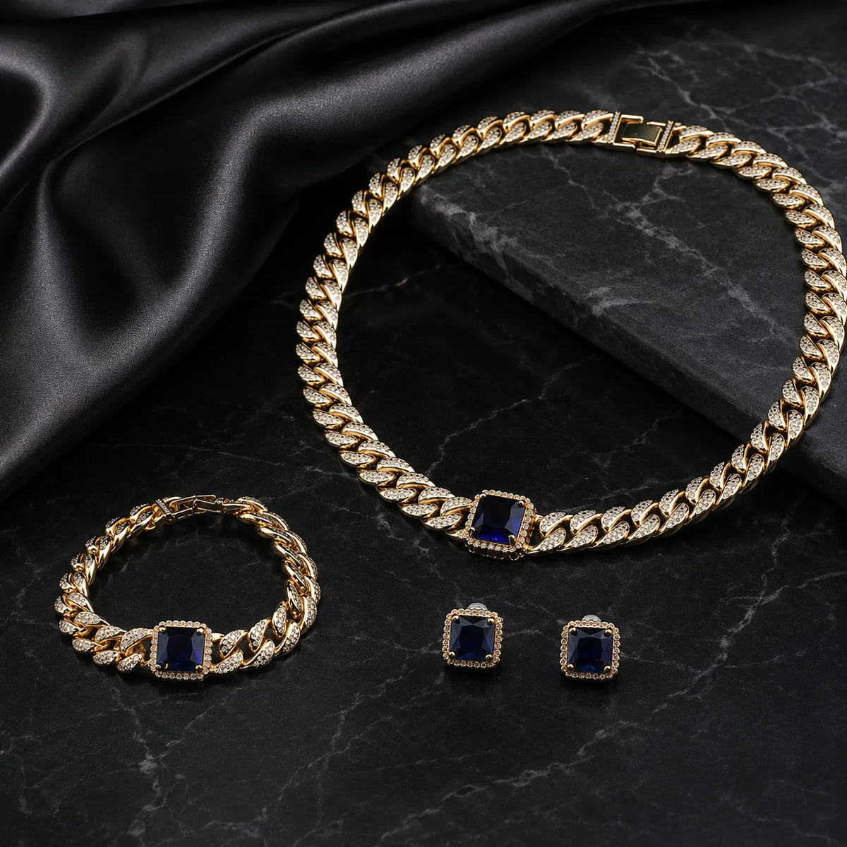 Parure de bijoux de luxe saphir bleu cristal collier boucles d'oreilles bracelet