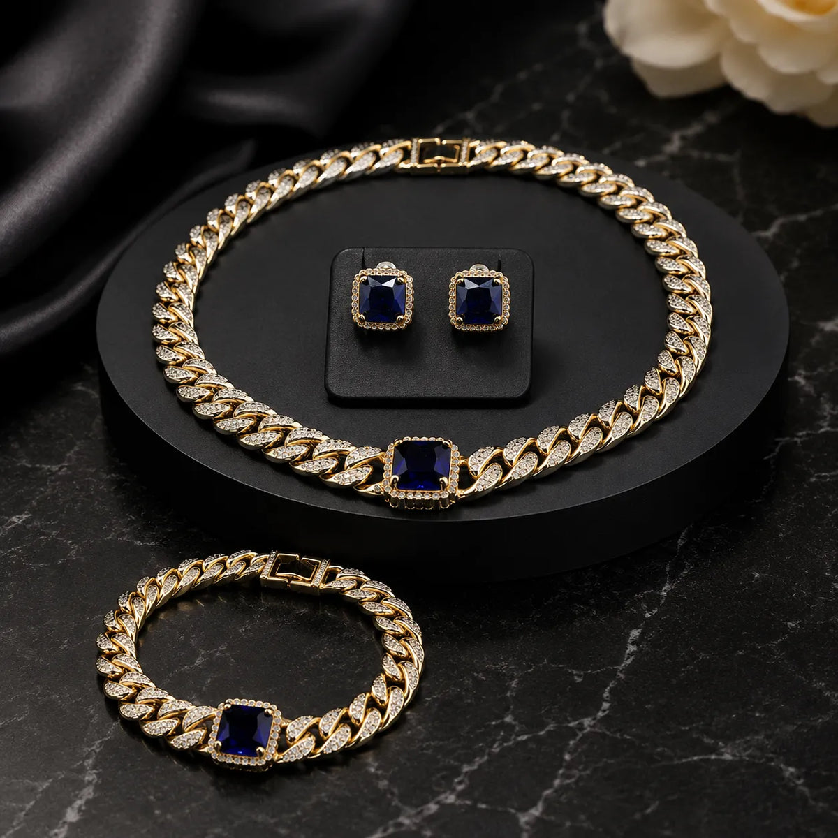 Parure de bijoux de luxe saphir bleu cristal collier boucles d'oreilles bracelet