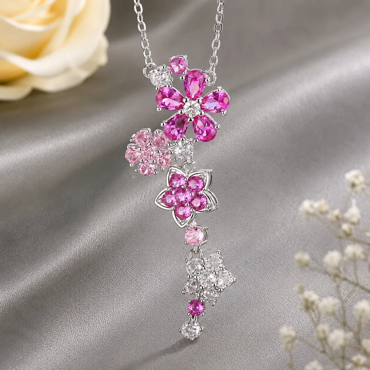 Parure de bijoux romantique avec collier, bracelet et boucles d'oreilles fleuris roses