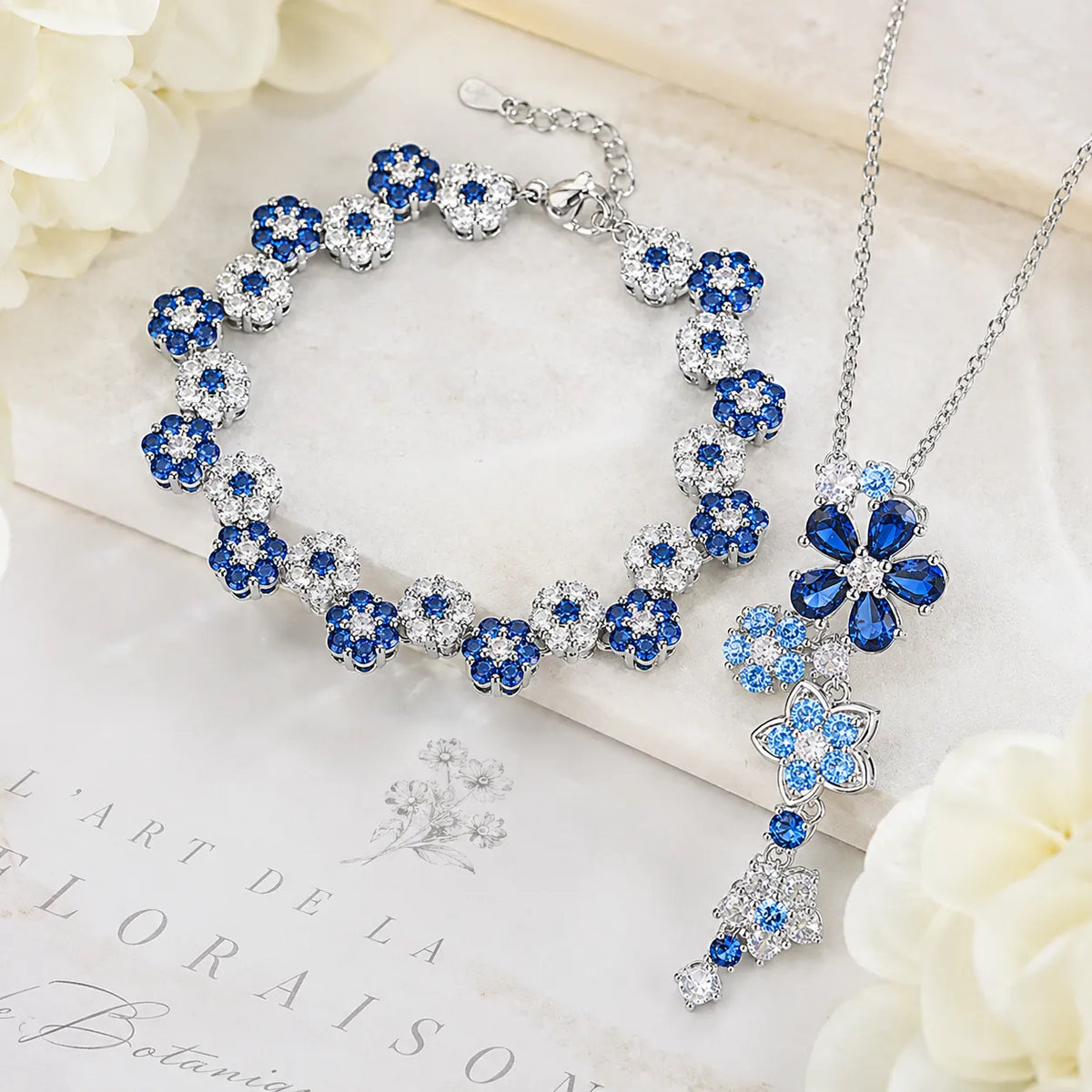 Parure de bijoux romantique avec collier, bracelet et boucles d'oreilles fleuris roses