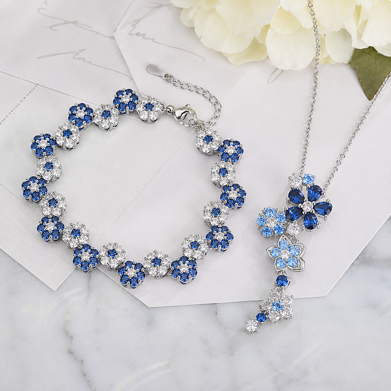 Romantic Pink Floral Necklace Bracelet Earrings Jewelry Set