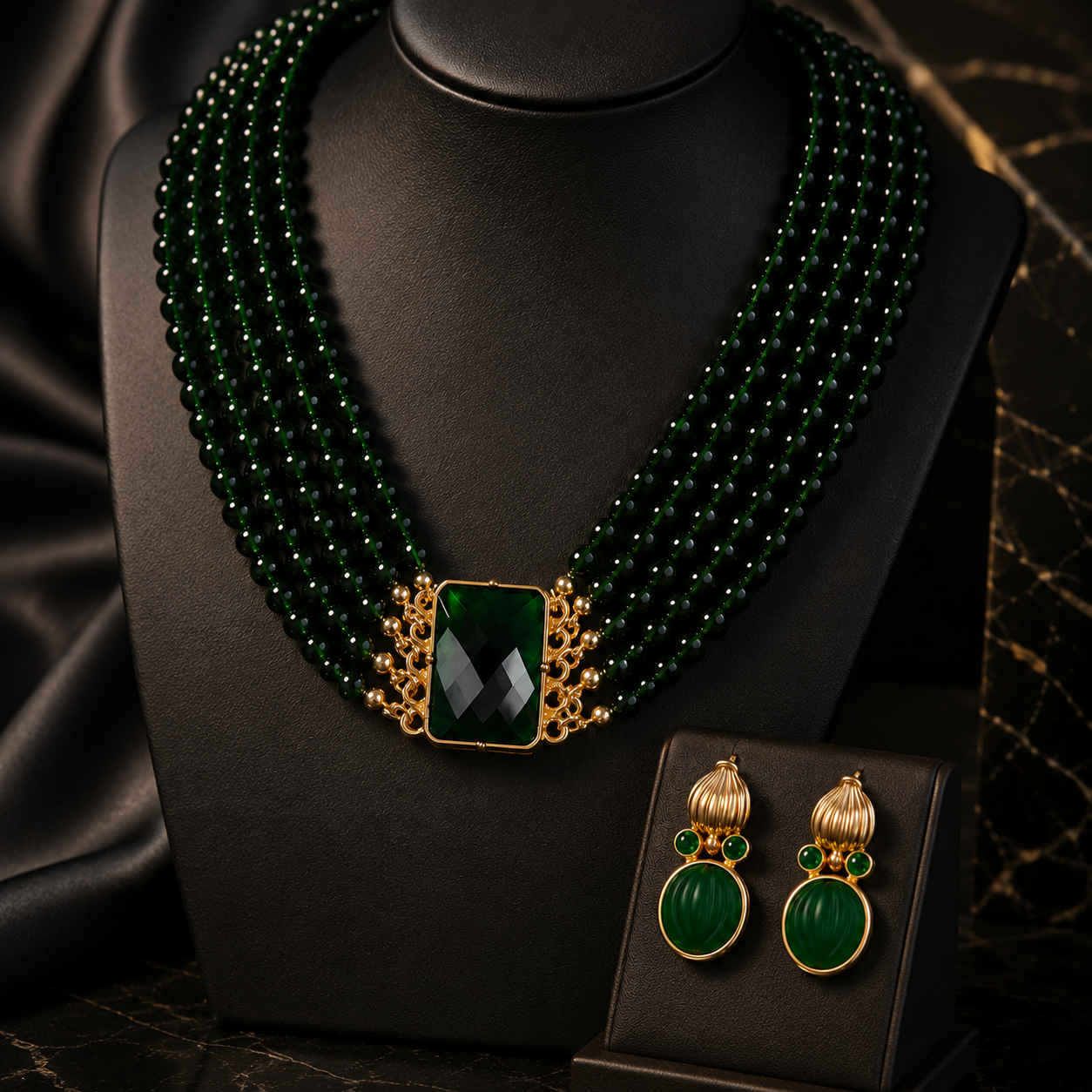 Vintage Gold Tone Green Stone Necklace and Earrings Jewelry Set
