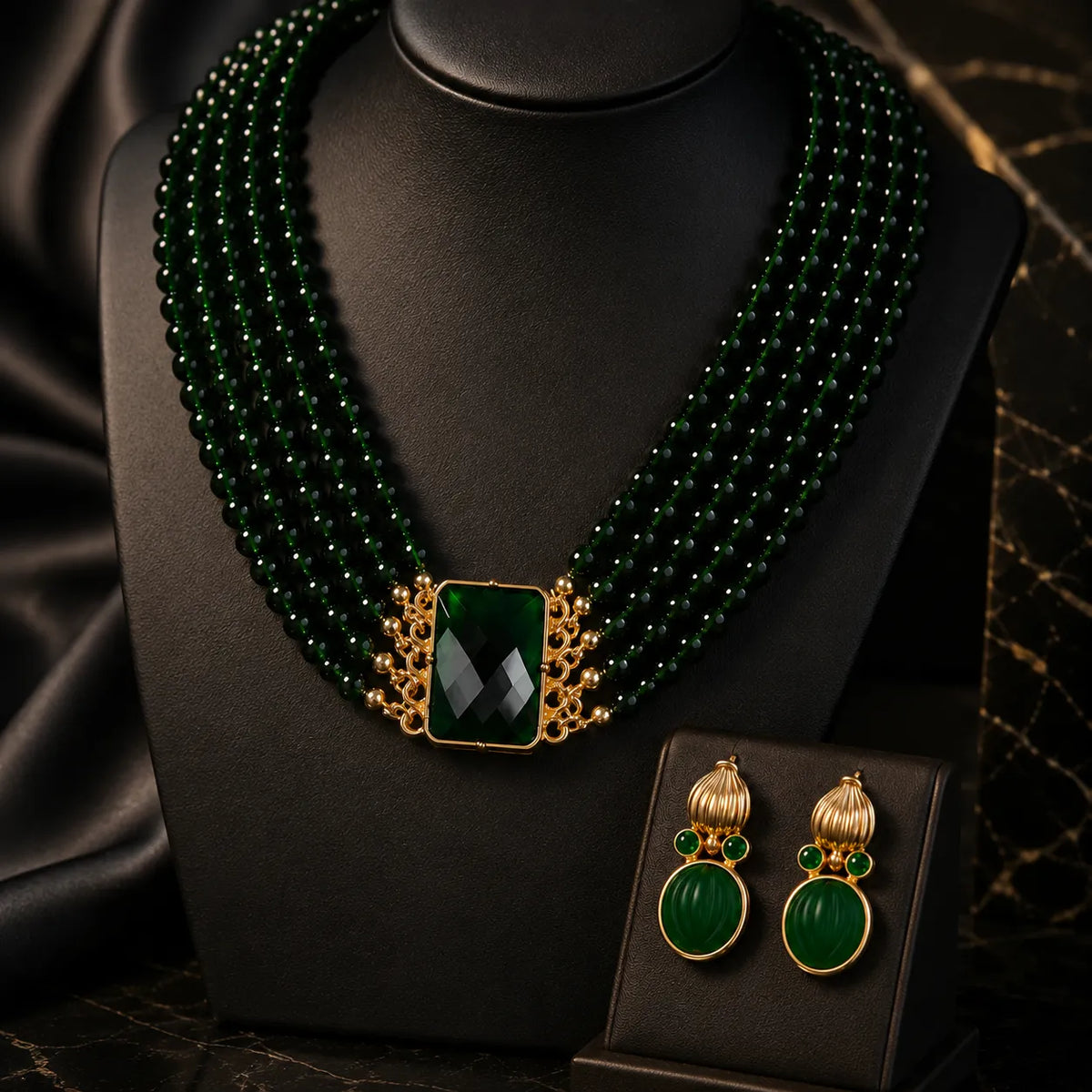Vintage goldfarbenes Schmuckset mit grünem Stein (Halskette und Ohrringe)