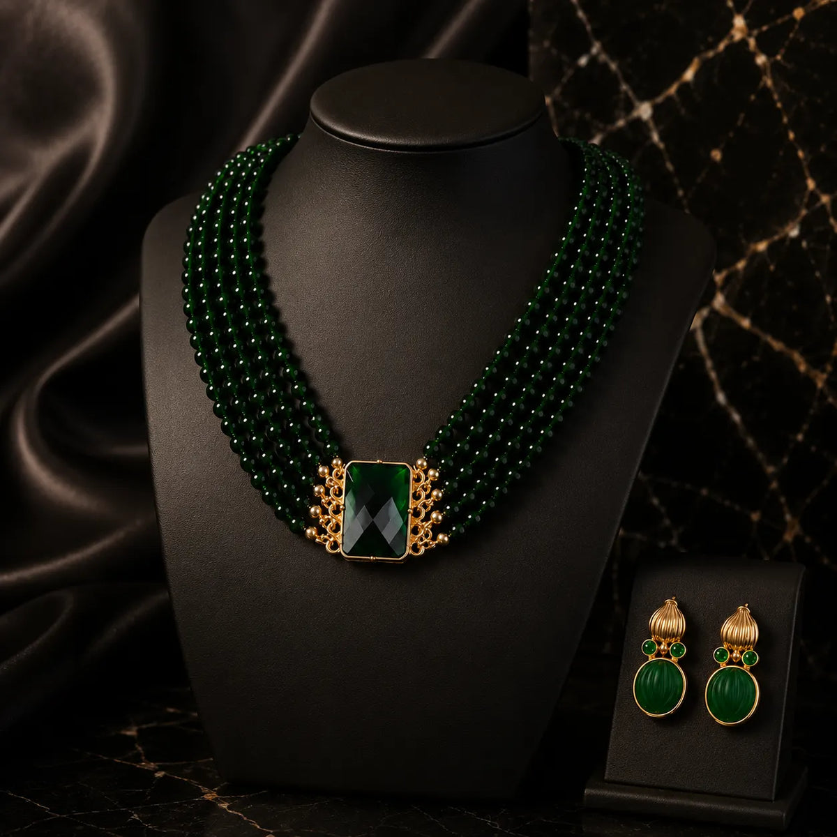 Vintage goldfarbenes Schmuckset mit grünem Stein (Halskette und Ohrringe)