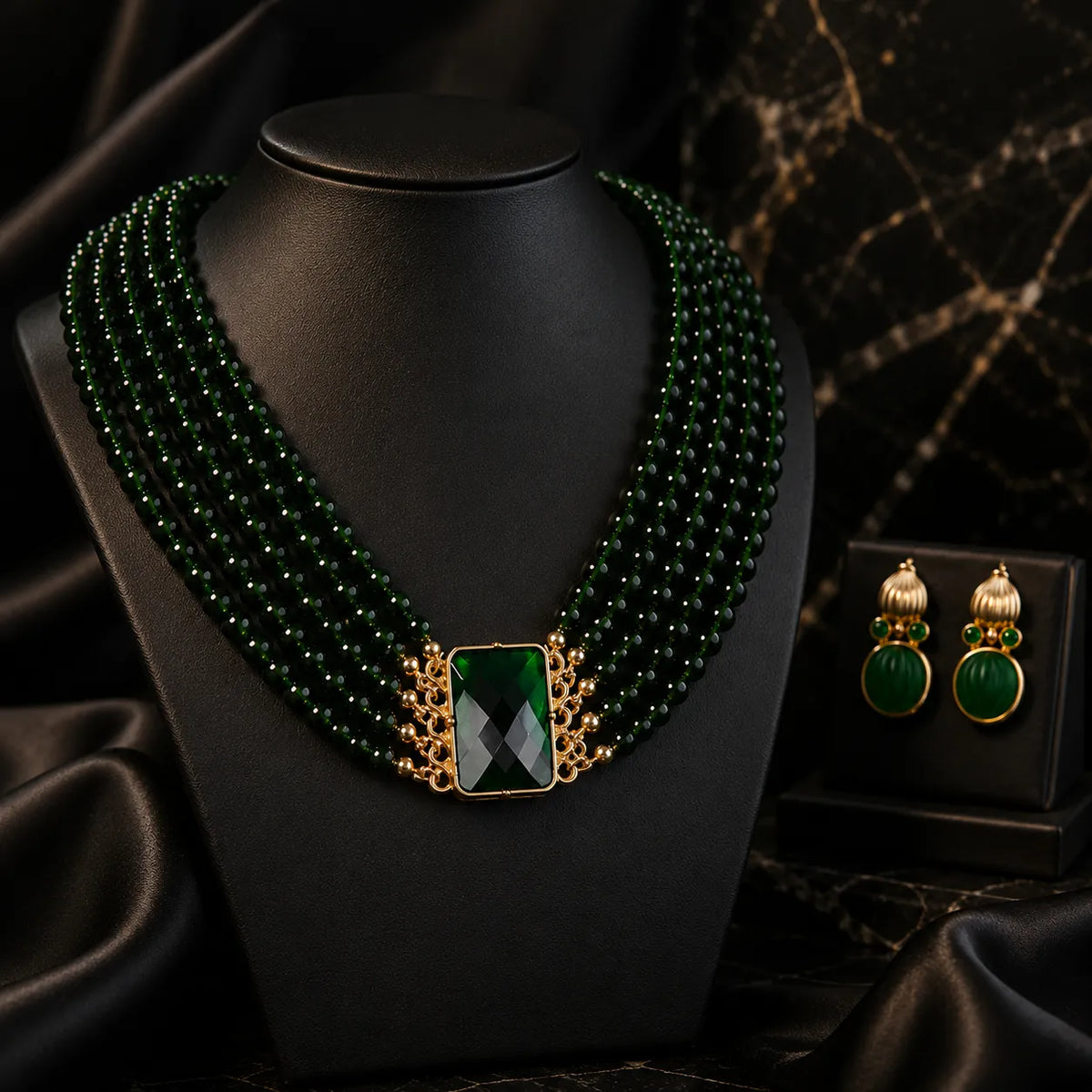 Vintage goldfarbenes Schmuckset mit grünem Stein (Halskette und Ohrringe)