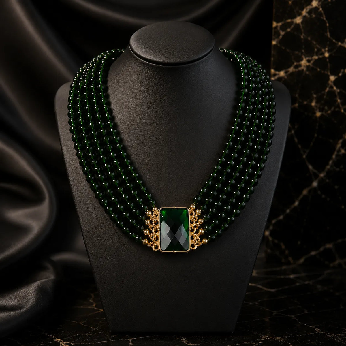 Vintage goldfarbenes Schmuckset mit grünem Stein (Halskette und Ohrringe)