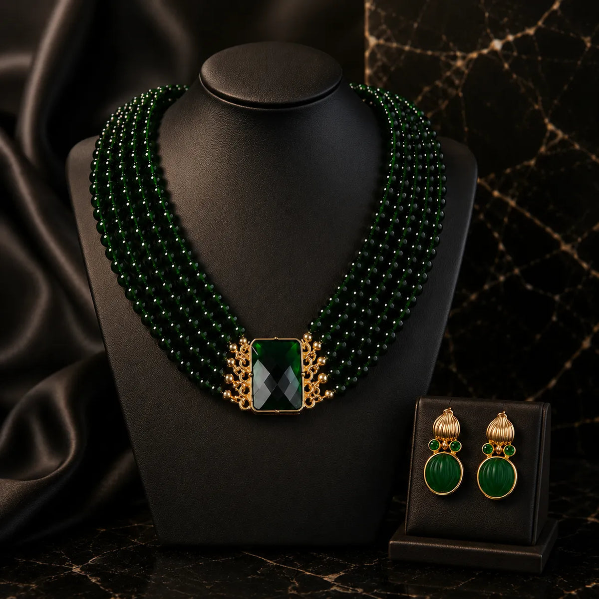 Vintage goldfarbenes Schmuckset mit grünem Stein (Halskette und Ohrringe)
