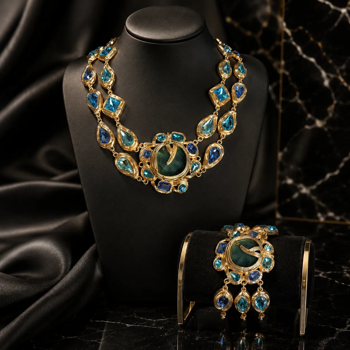 Luxury Blue Green Gemstone Necklace and Bracelet Jewelry Set