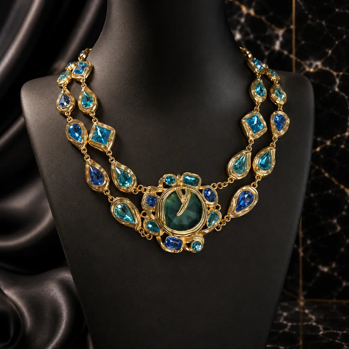 Luxury Blue Green Gemstone Necklace and Bracelet Jewelry Set