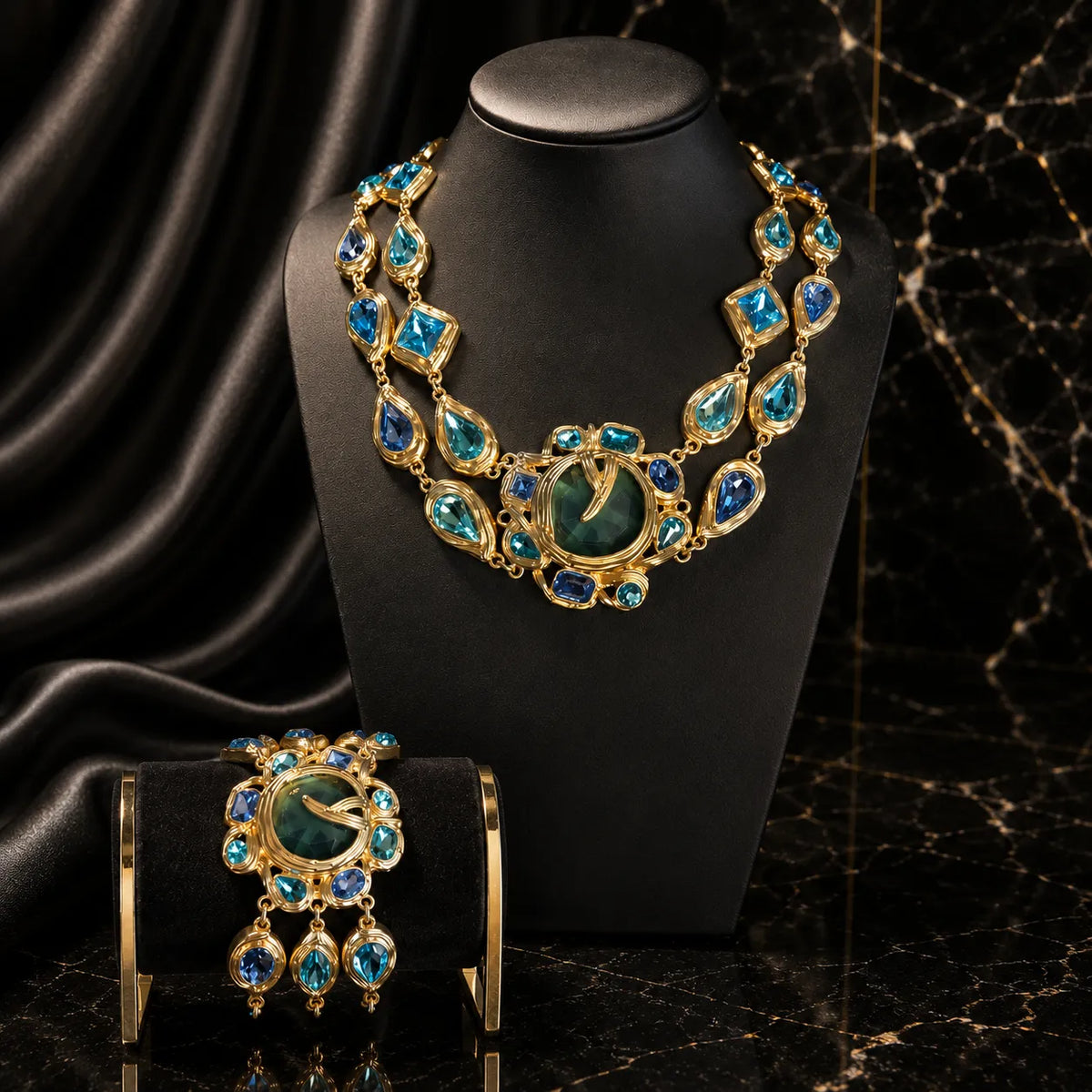 Luxury Blue Green Gemstone Necklace and Bracelet Jewelry Set