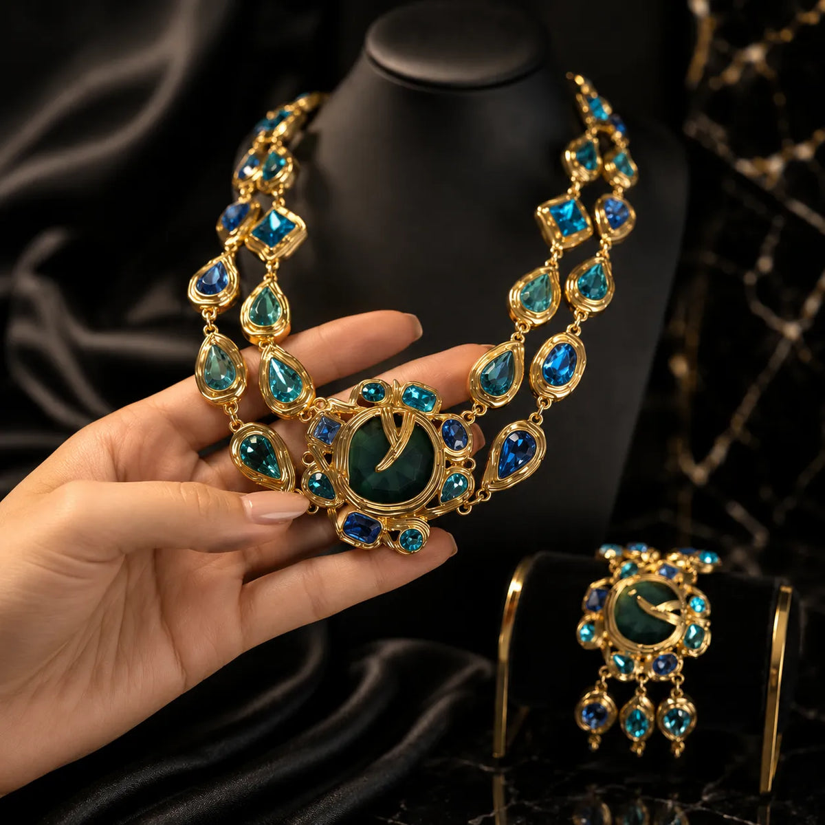 Luxury Blue Green Gemstone Necklace and Bracelet Jewelry Set
