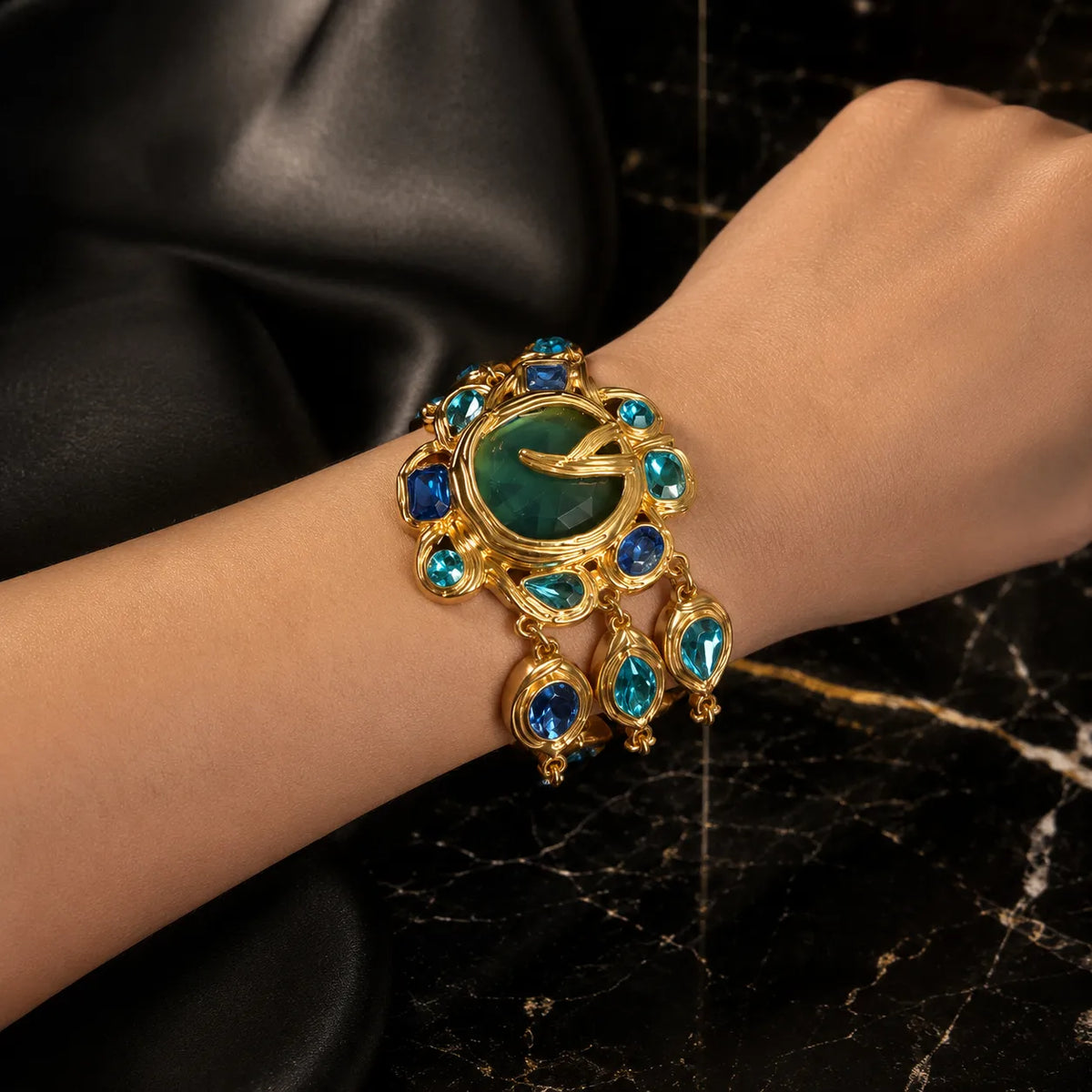 Luxury Blue Green Gemstone Necklace and Bracelet Jewelry Set