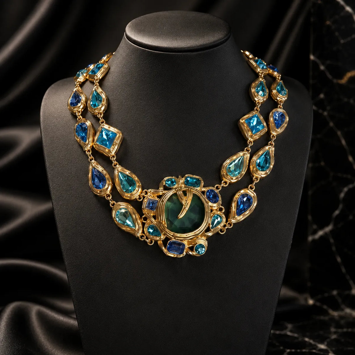 Luxury Blue Green Gemstone Necklace and Bracelet Jewelry Set