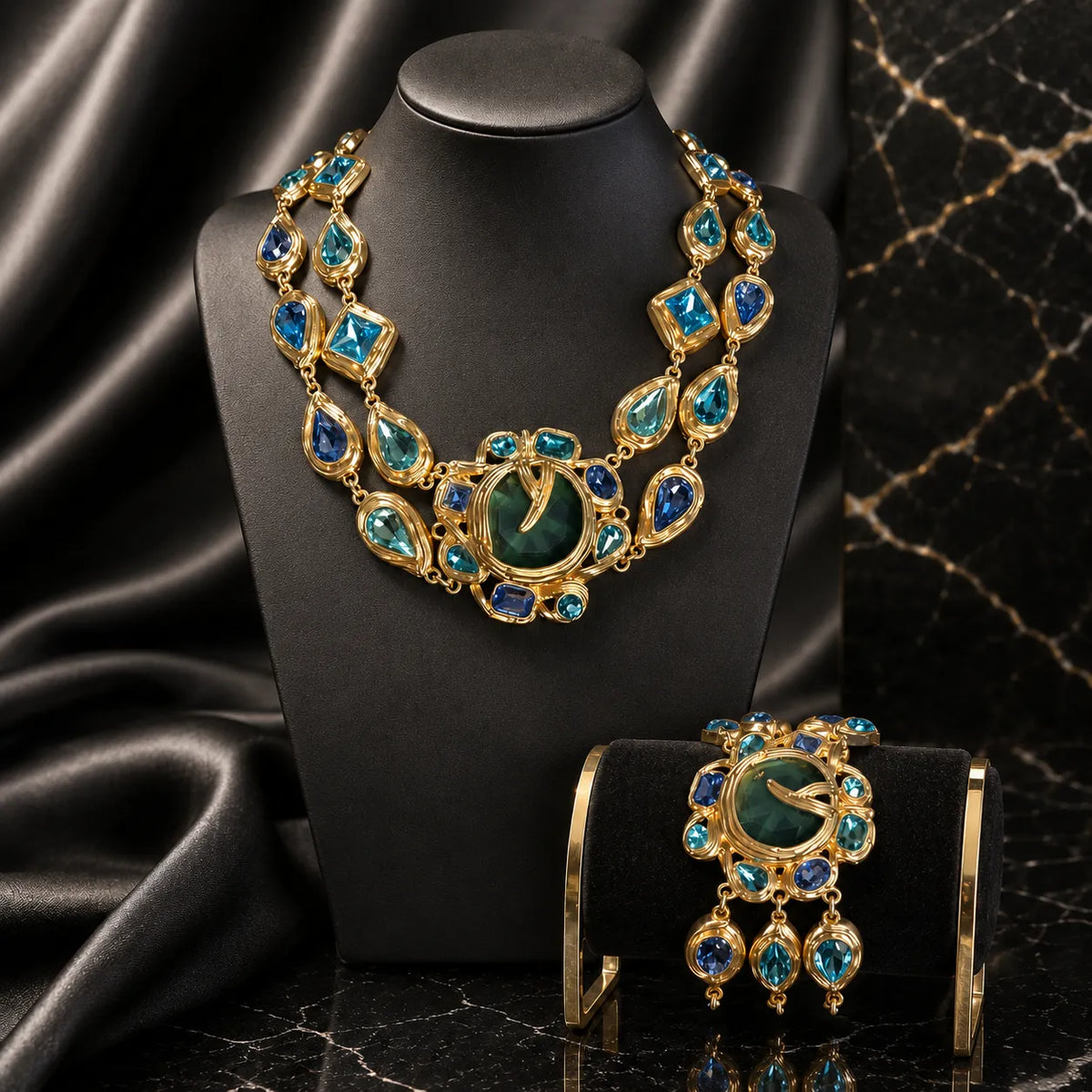 Luxury Blue Green Gemstone Necklace and Bracelet Jewelry Set