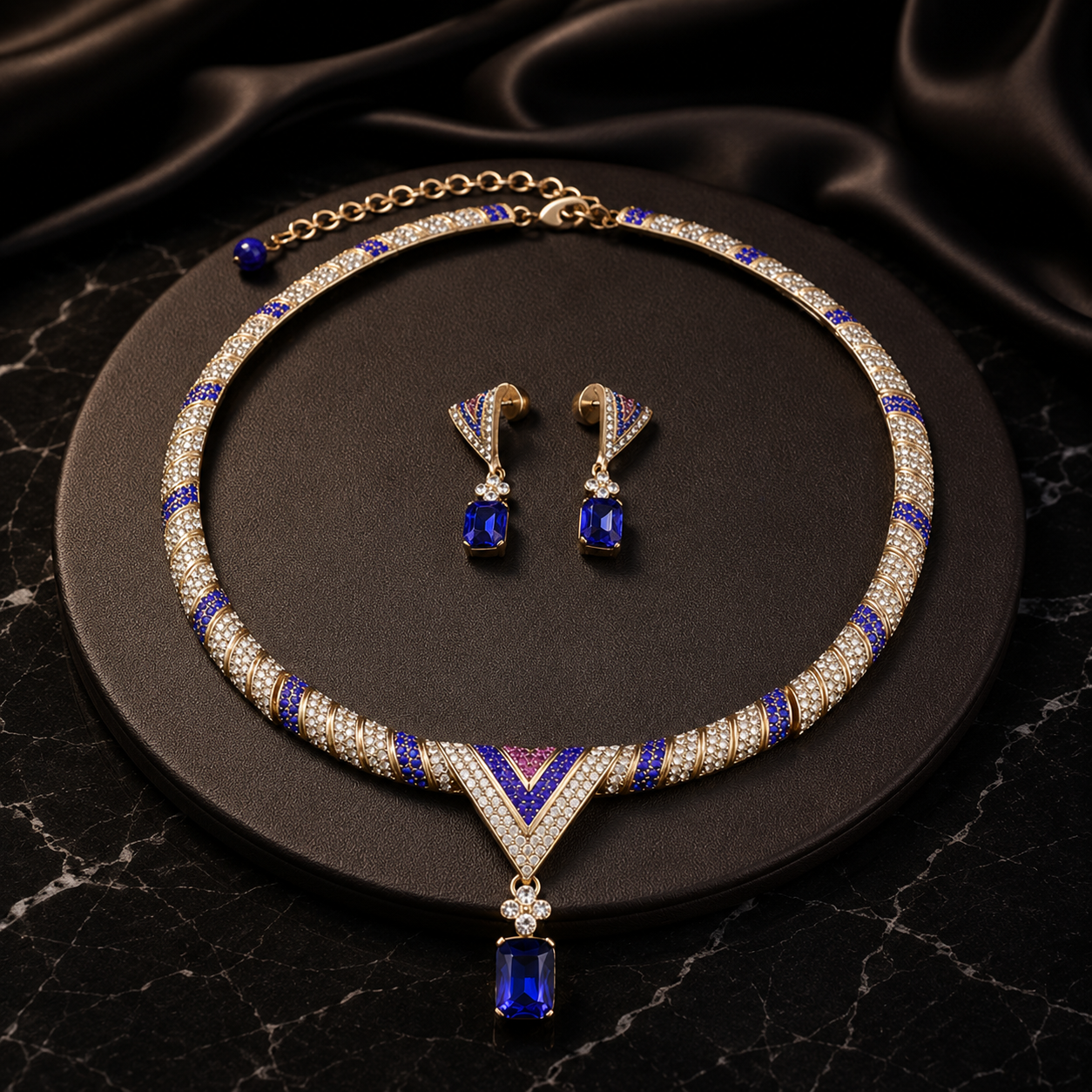 Luxury Sapphire Blue Crystal Necklace and Earrings Jewelry Set