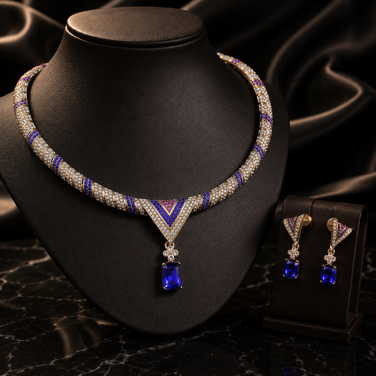 Luxury Sapphire Blue Crystal Necklace and Earrings Jewelry Set