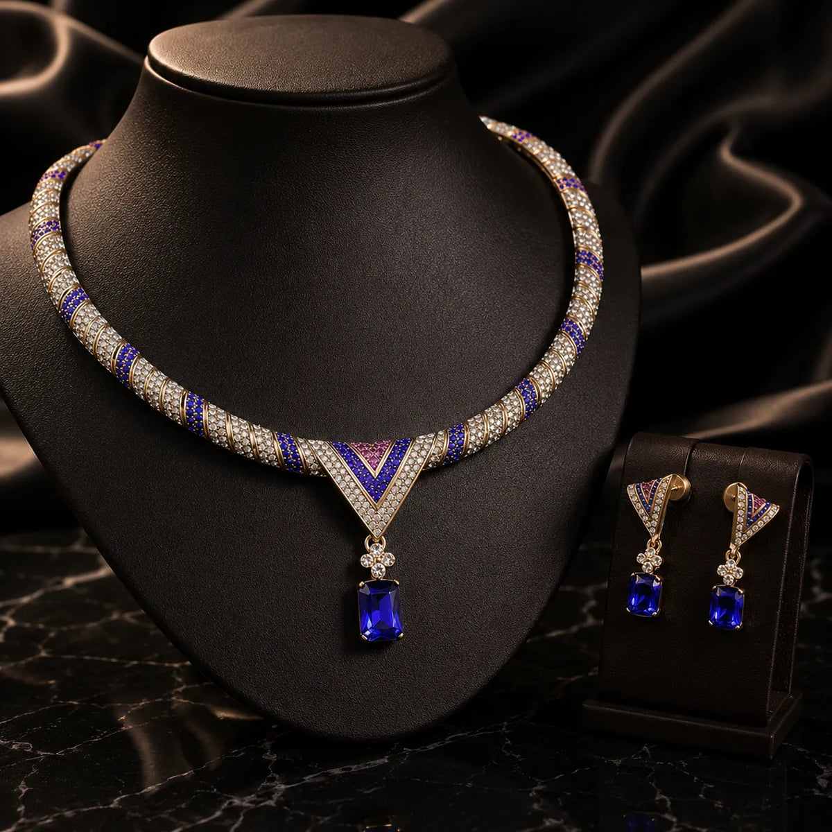 Parure de bijoux collier et boucles d'oreilles en cristal bleu saphir de luxe