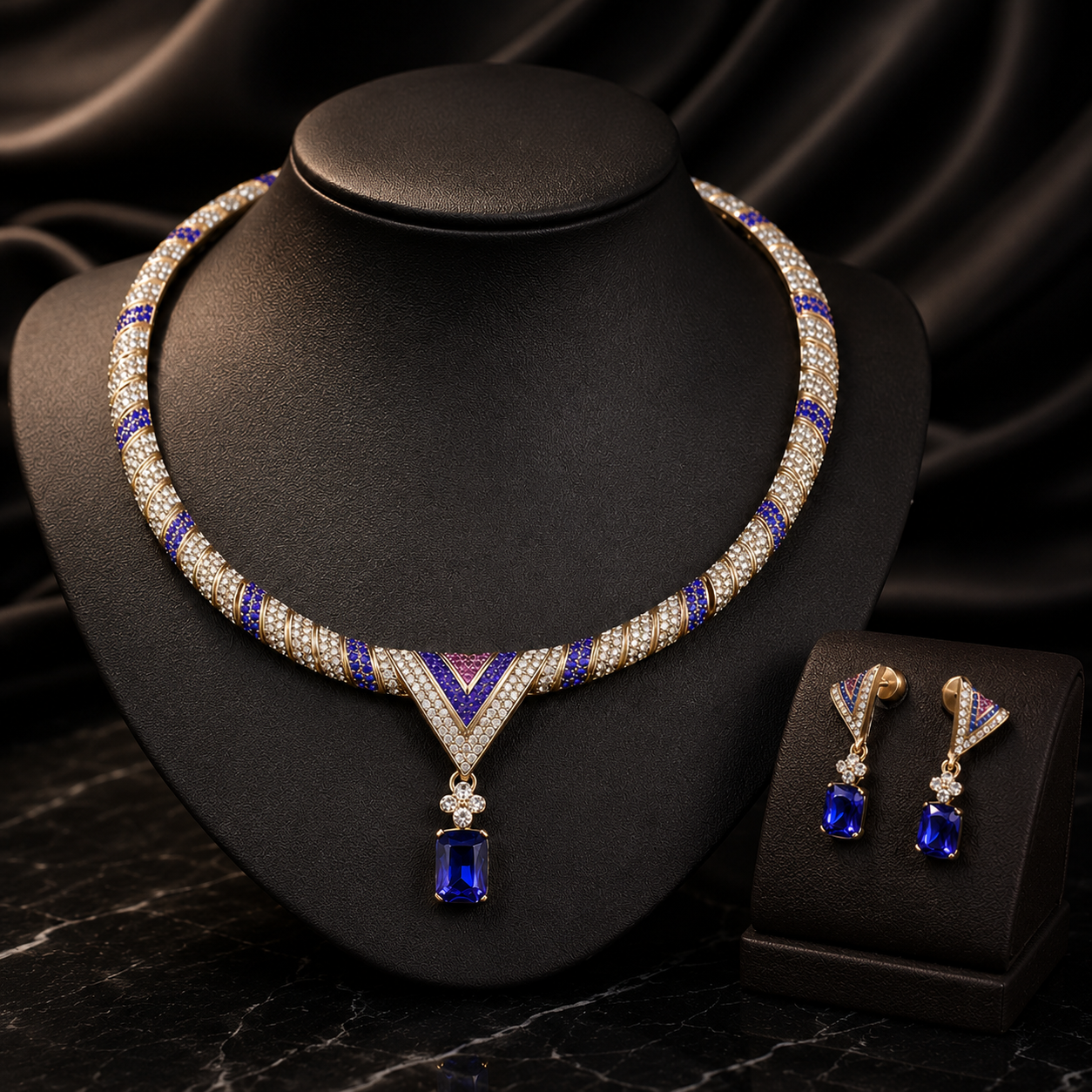 Parure de bijoux collier et boucles d'oreilles en cristal bleu saphir de luxe
