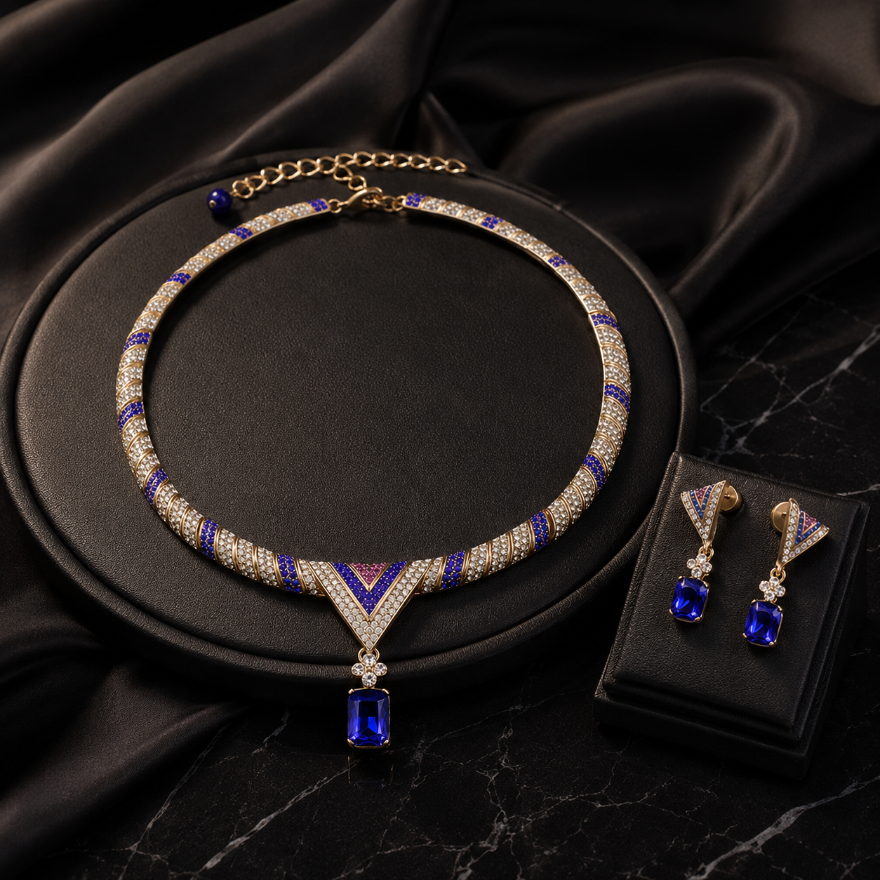 Luxury Sapphire Blue Crystal Necklace and Earrings Jewelry Set