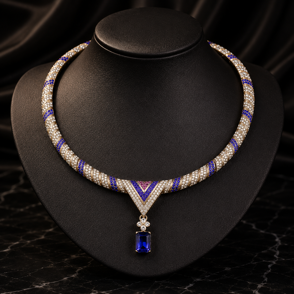 Luxury Sapphire Blue Crystal Necklace and Earrings Jewelry Set