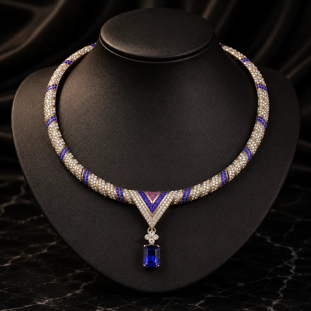 Parure de bijoux collier et boucles d'oreilles en cristal bleu saphir de luxe