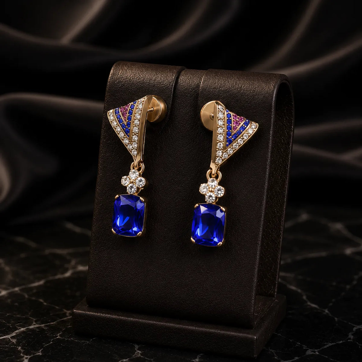 Parure de bijoux collier et boucles d'oreilles en cristal bleu saphir de luxe