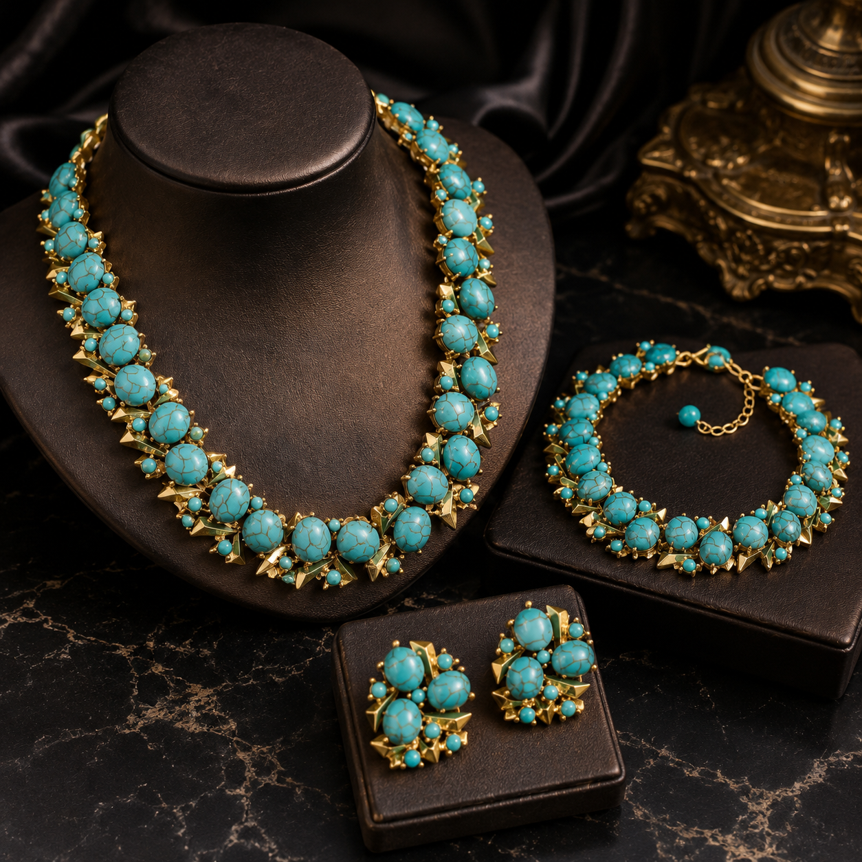 Luxury Turquoise Beaded Necklace Earrings Bracelet Jewelry Set
