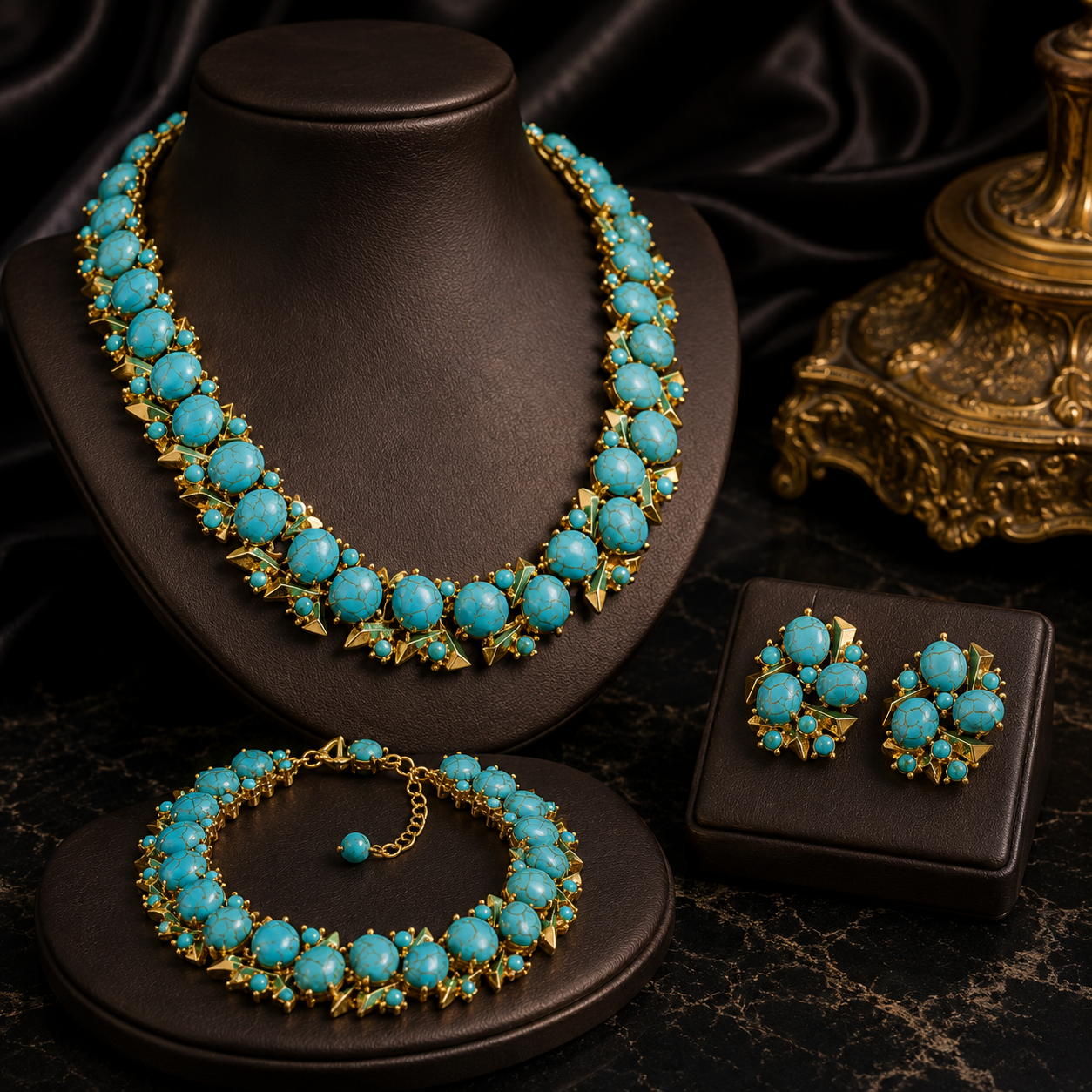 Luxury Turquoise Beaded Necklace Earrings Bracelet Jewelry Set