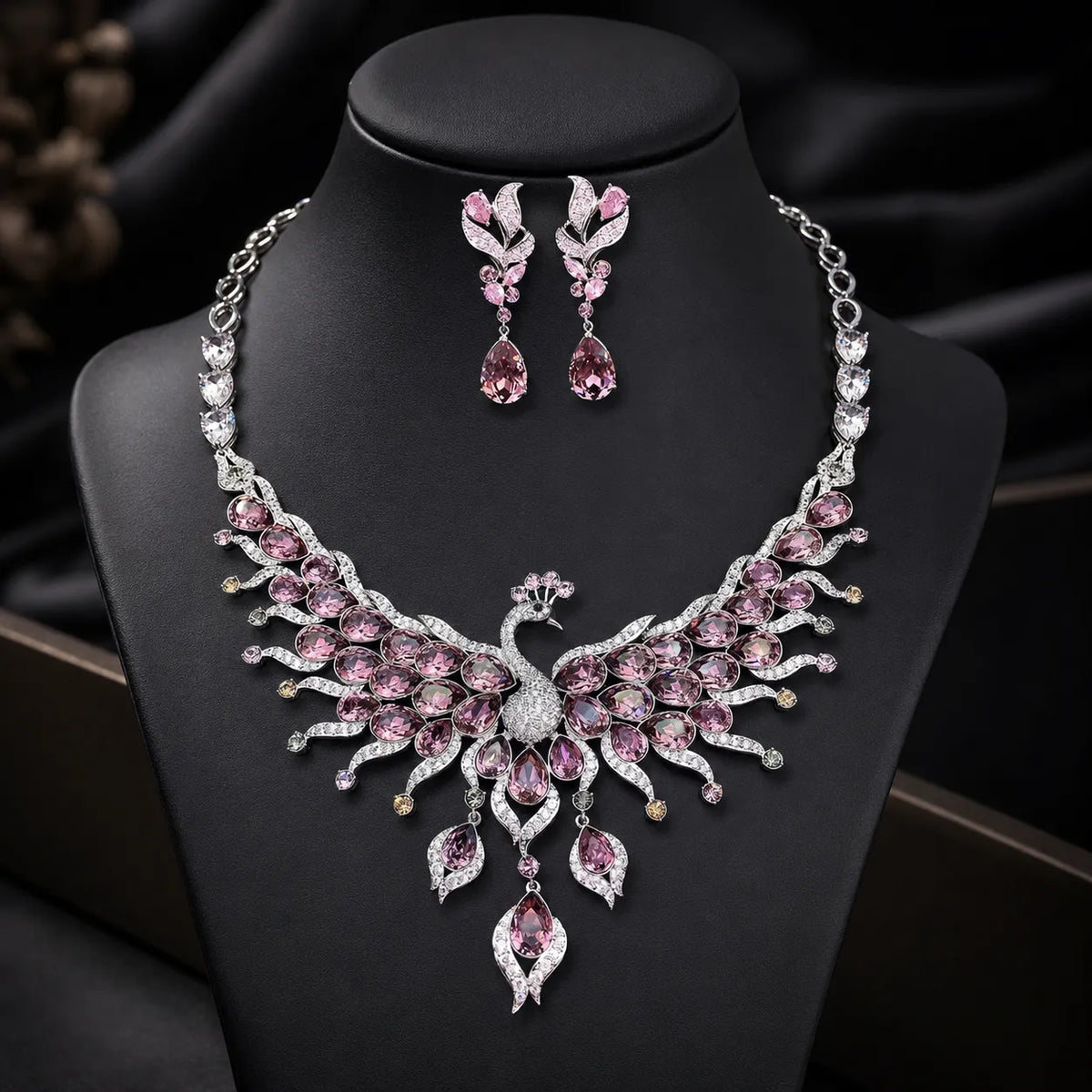 Luxury Blue Peacock Crystal Necklace and Earrings Jewelry Set