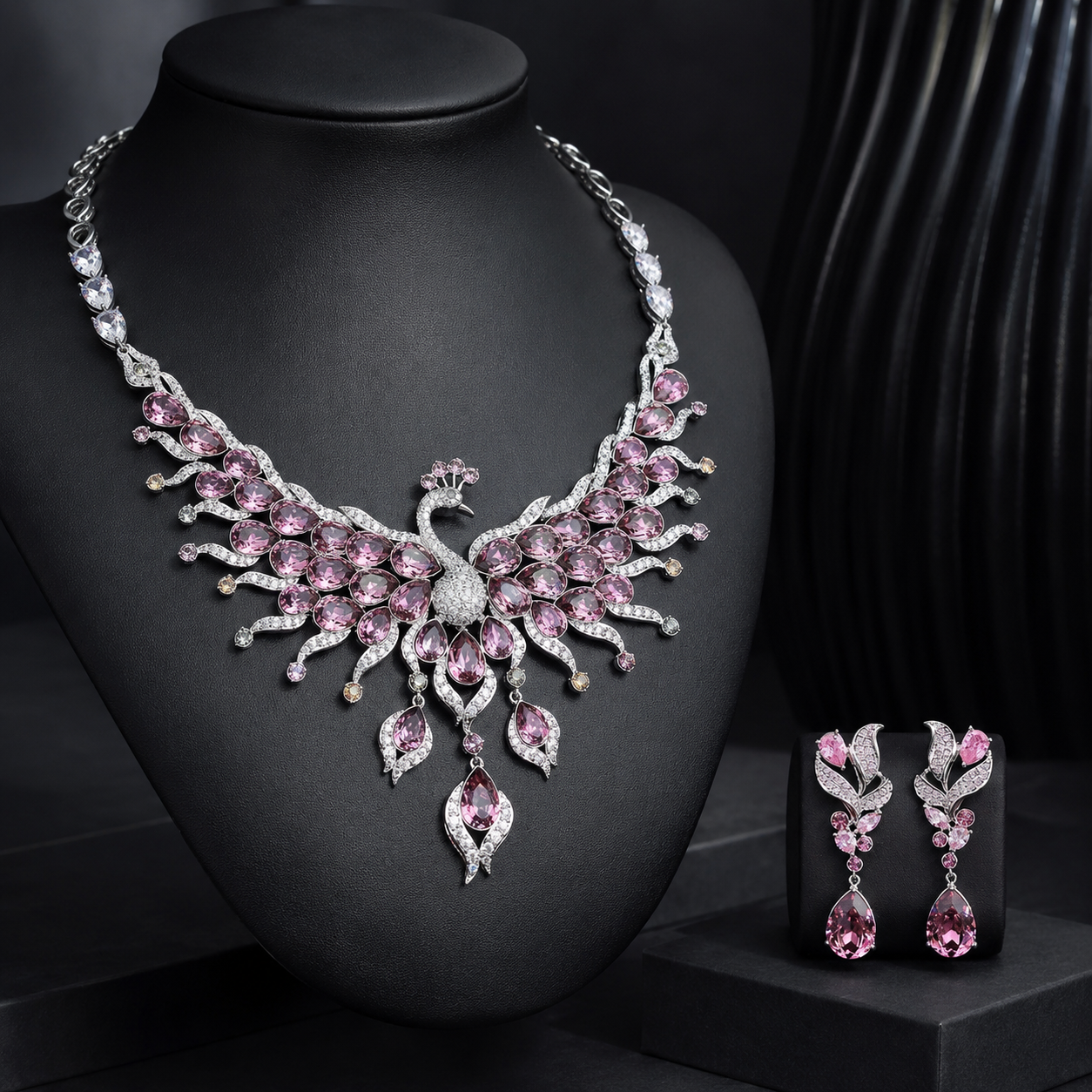 Parure Collier Boucles d'Oreilles Paon Entièrement Ornée de Diamants et Pierres Précieuses Colorées