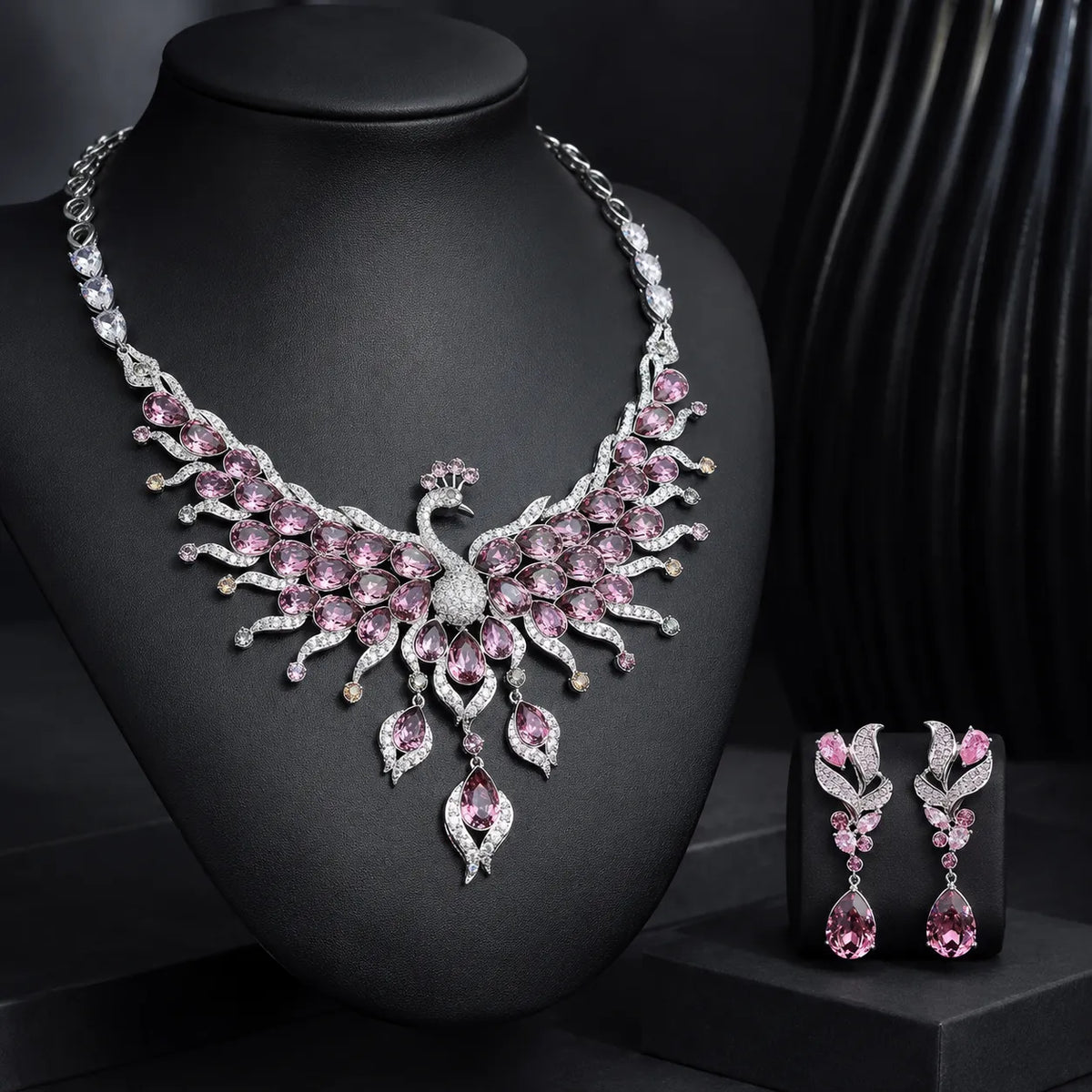 Luxury Blue Peacock Crystal Necklace and Earrings Jewelry Set