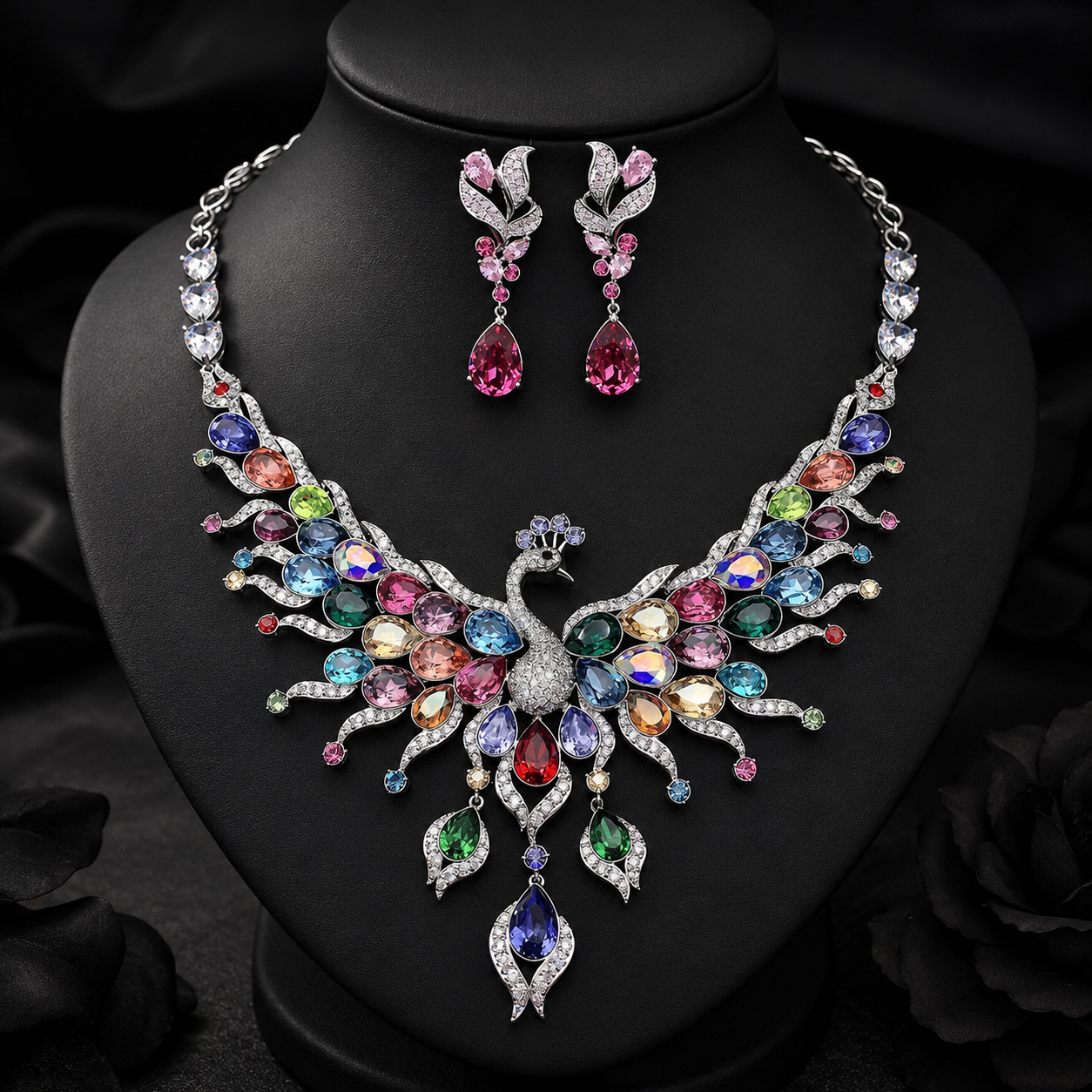 Parure Collier Boucles d'Oreilles Paon Entièrement Ornée de Diamants et Pierres Précieuses Colorées