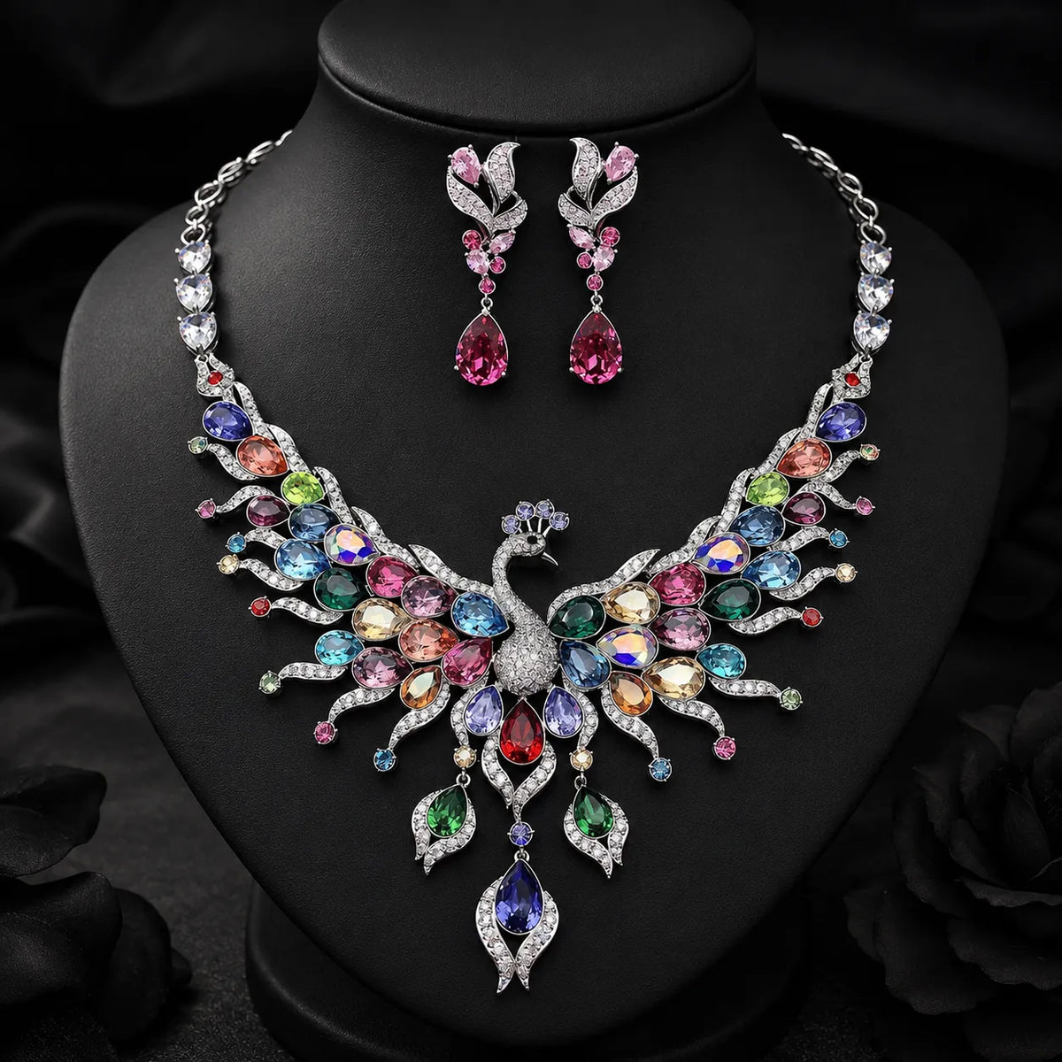 Luxury Blue Peacock Crystal Necklace and Earrings Jewelry Set