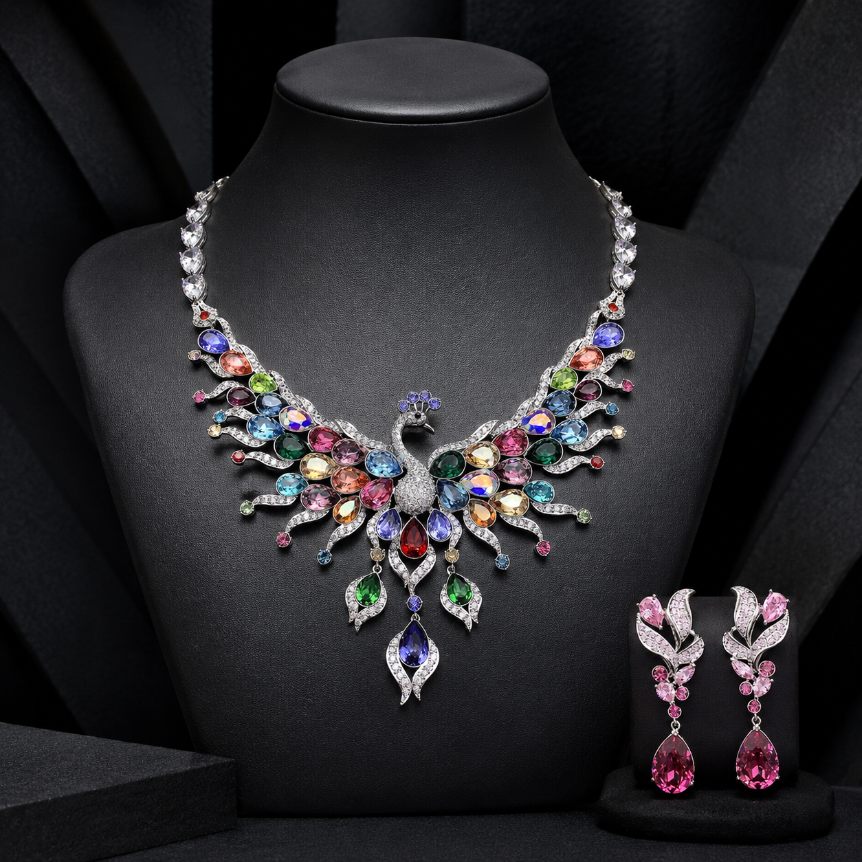 Parure Collier Boucles d'Oreilles Paon Entièrement Ornée de Diamants et Pierres Précieuses Colorées
