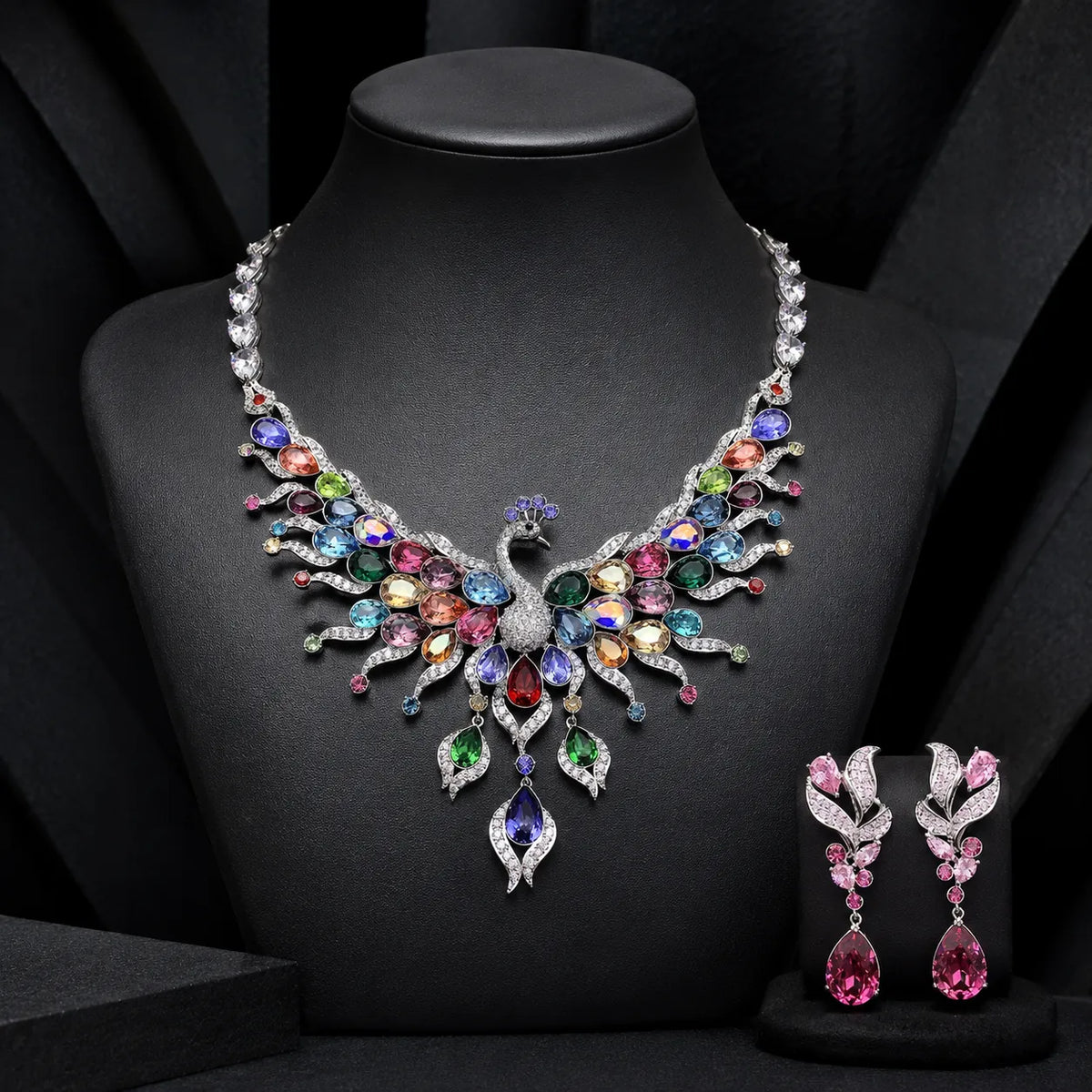 Luxury Blue Peacock Crystal Necklace and Earrings Jewelry Set