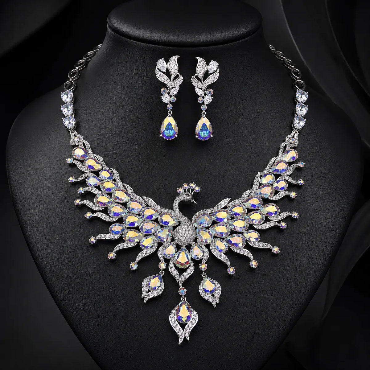 Luxury Blue Peacock Crystal Necklace and Earrings Jewelry Set
