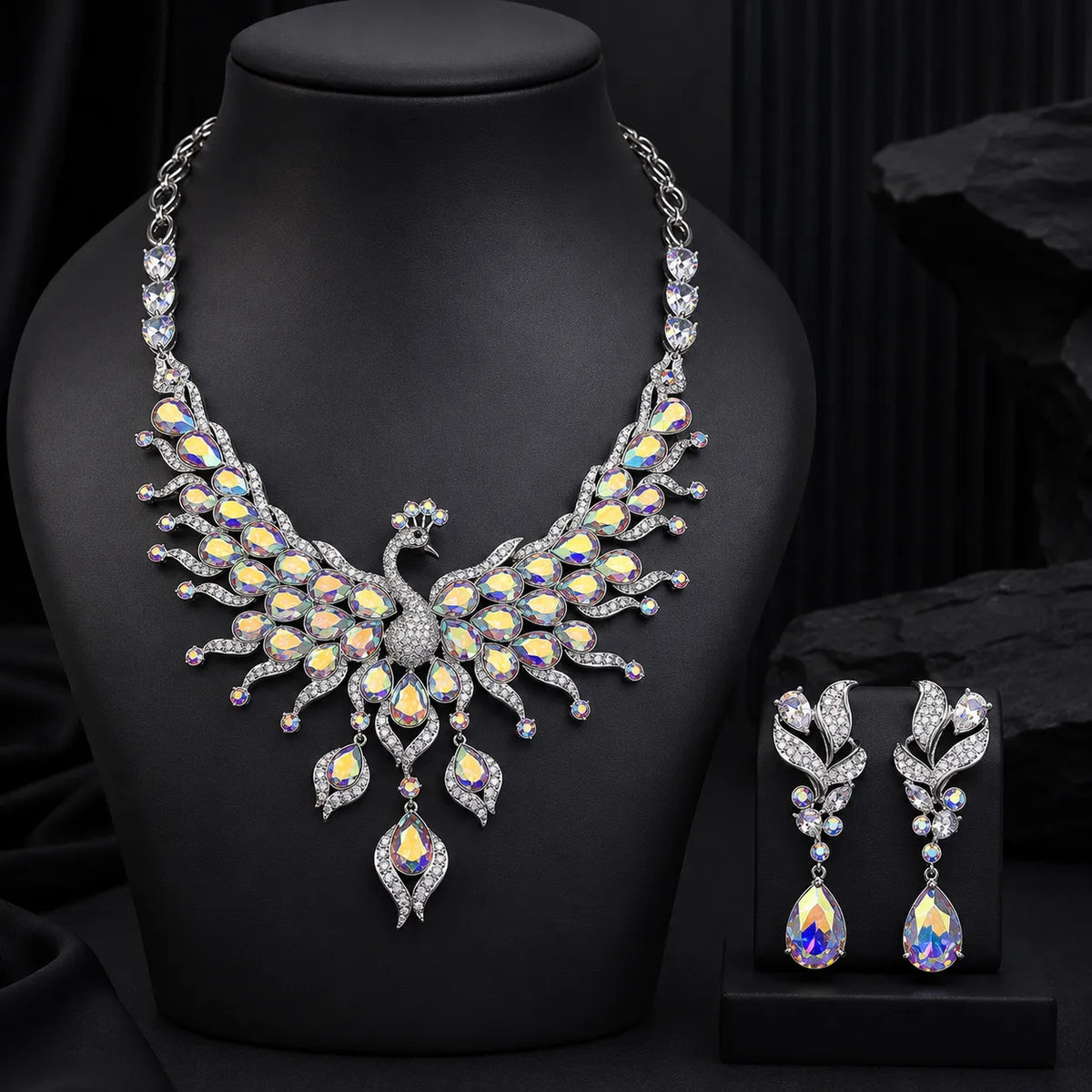 Luxury Blue Peacock Crystal Necklace and Earrings Jewelry Set