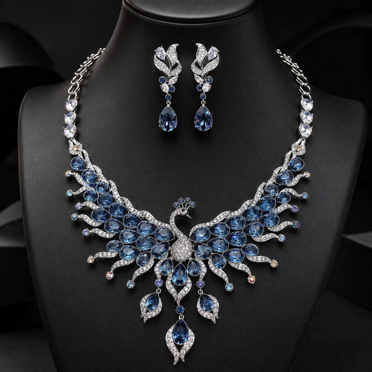 Luxury Blue Peacock Crystal Necklace and Earrings Jewelry Set