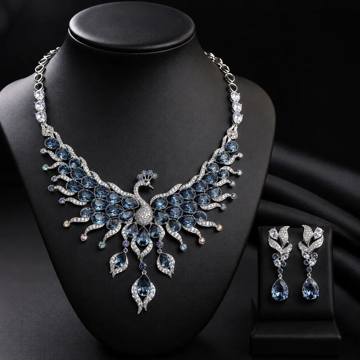 Luxury Blue Peacock Crystal Necklace and Earrings Jewelry Set