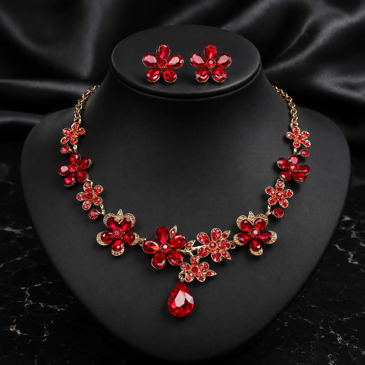 Multicolor Flower Crystal Necklace Earrings Set Gold Plated Statement Jewelry for Women Party Wedding Jewelry Set