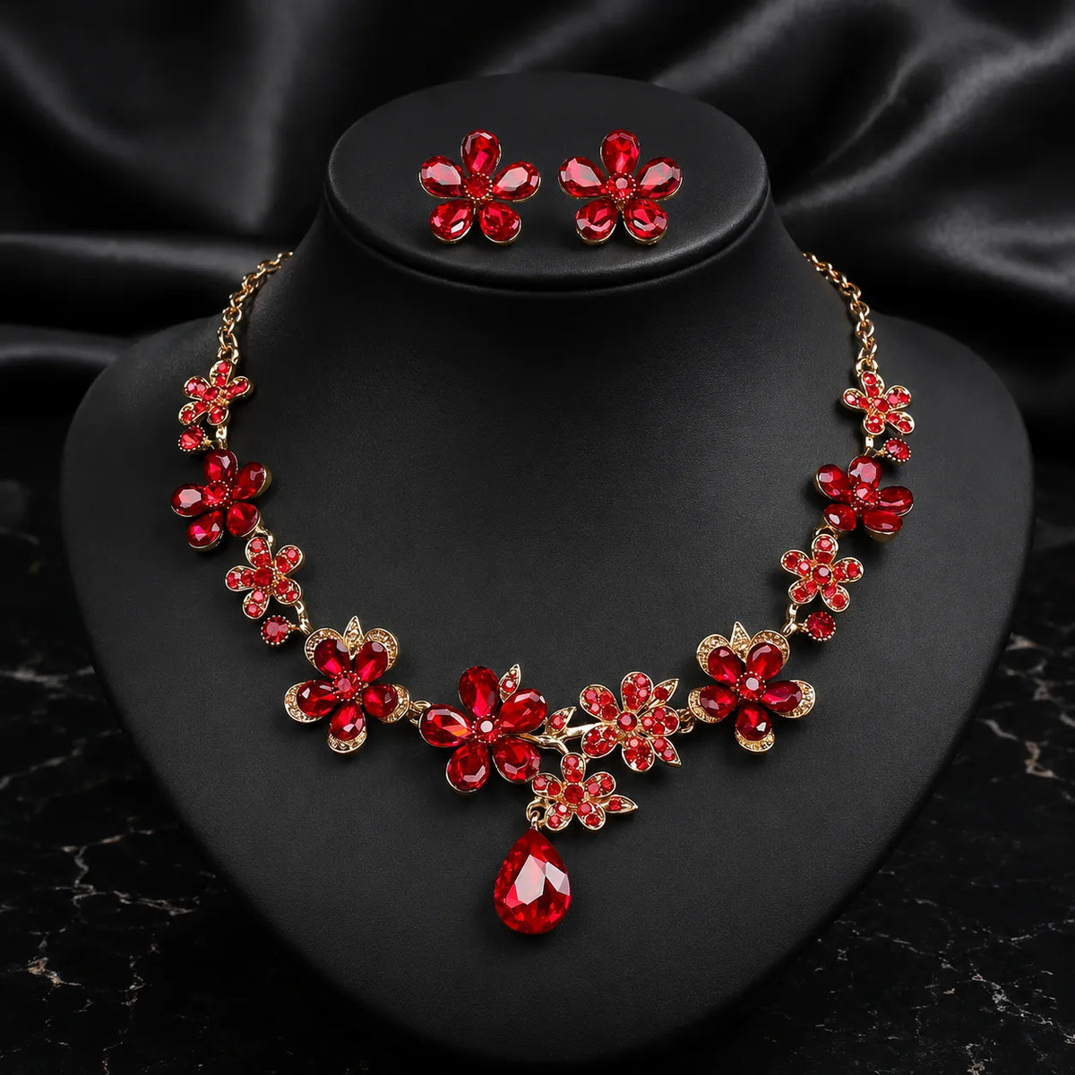 Parure Collier Boucles d'Oreilles Fleur en Cristal Vintage