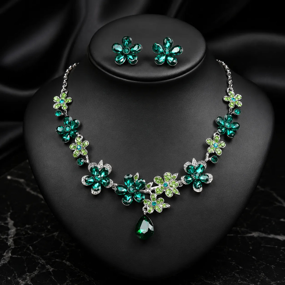 Parure Collier Boucles d'Oreilles Fleur en Cristal Vintage