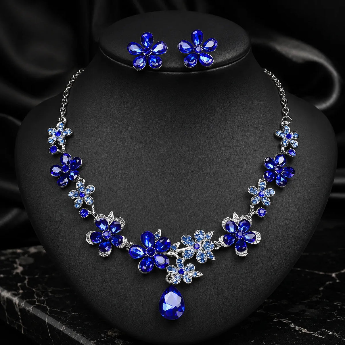 Parure Collier Boucles d'Oreilles Fleur en Cristal Vintage