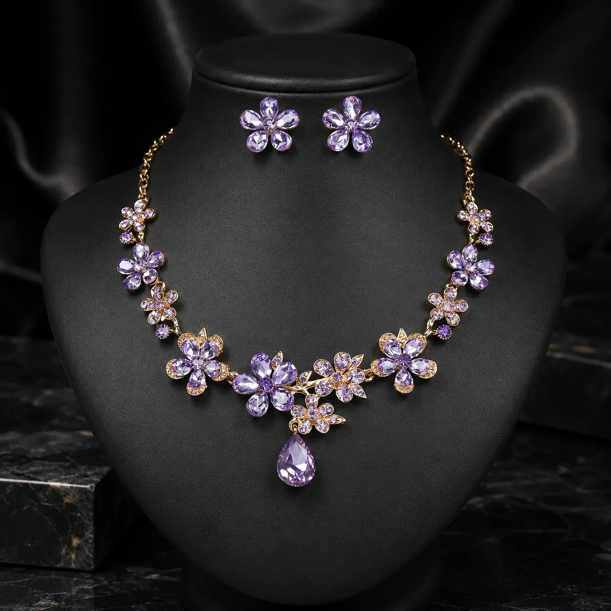 Parure Collier Boucles d'Oreilles Fleur en Cristal Vintage